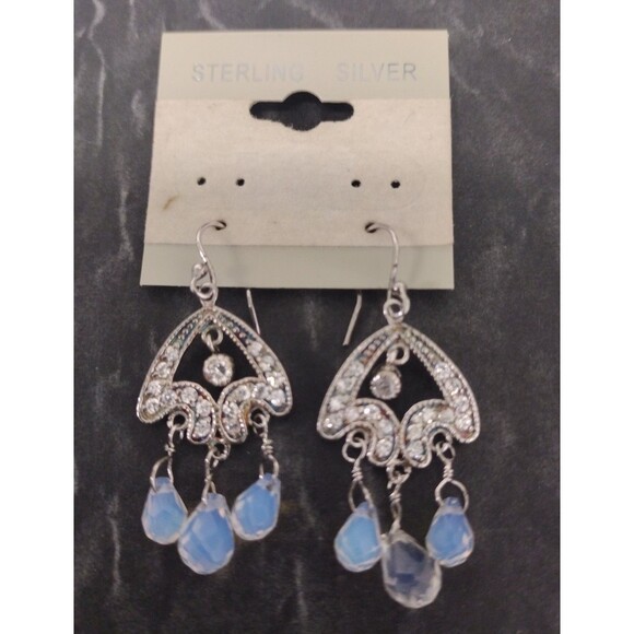 Morrocan Style Vintage Sterling Silver Crystal Dangling Blue Beaded Earrings - Picture 1 of 4